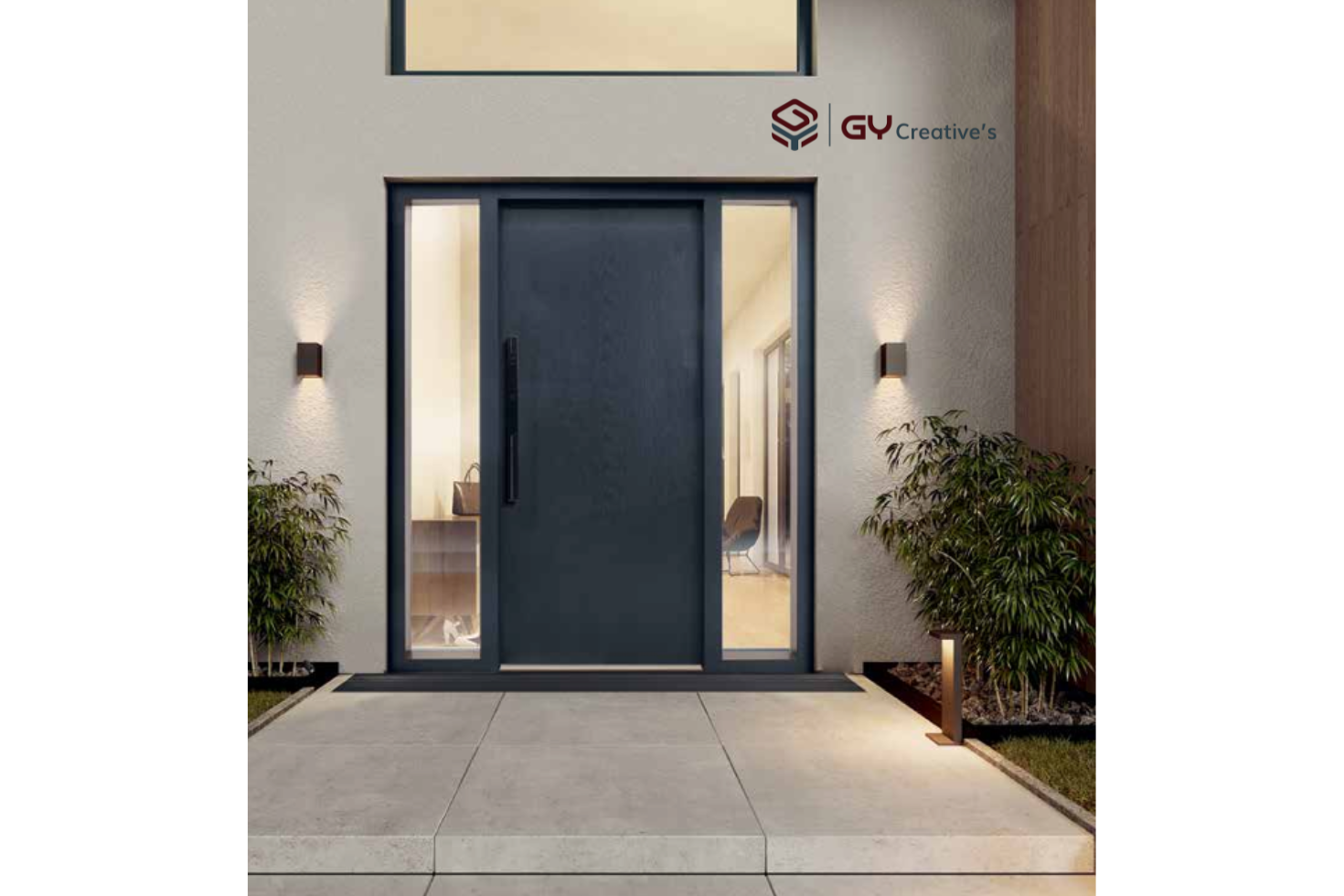 Modern door handle on wooden door